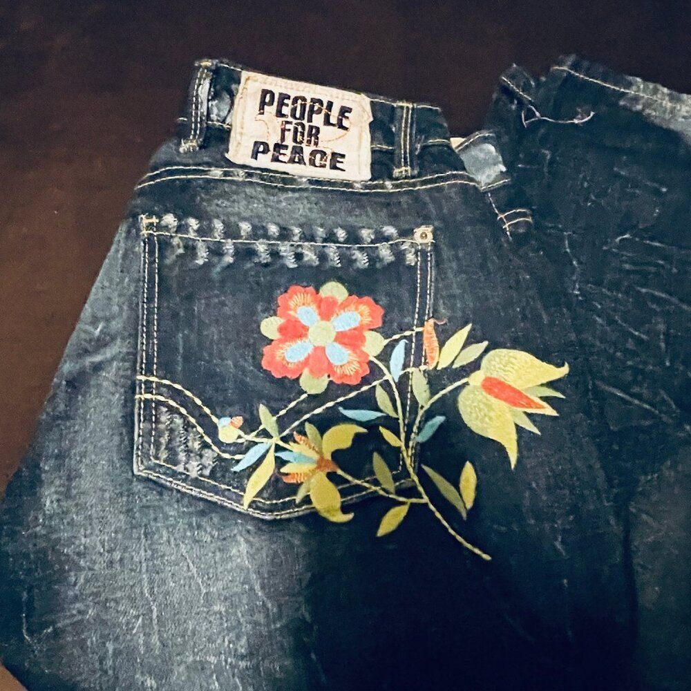 PEOPLE For Peace Embroidered Denim flowers butterflies bespoke handmade 26 NWT - Picture 2 of 7